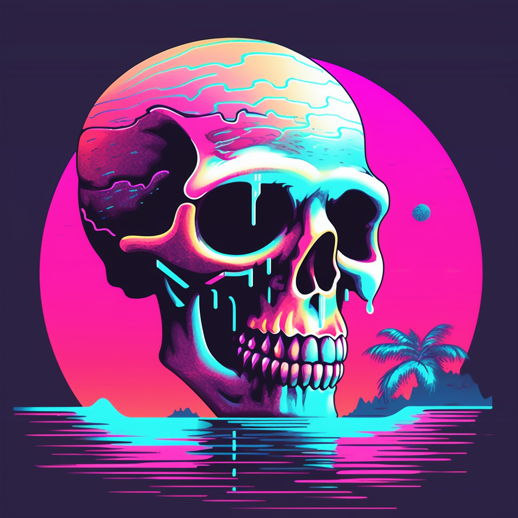 Stylized vaporwave portrait of a skull floating above an island