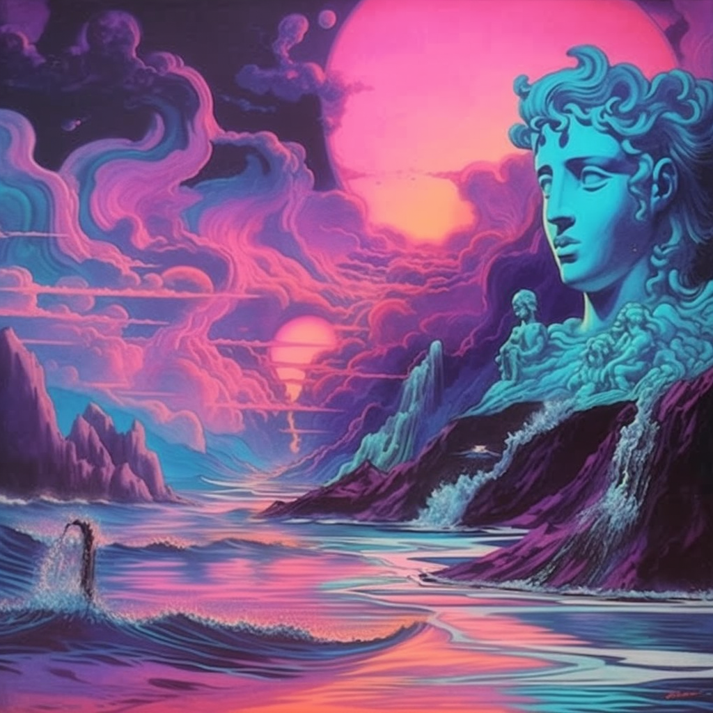 psychedelic vaporwave artwork of a giant statue staring over an ocean