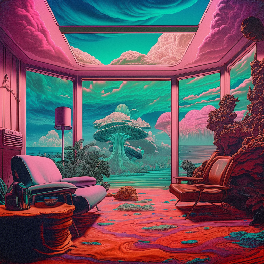 A crusty retrofutristic living room that has a window peering out into the psychedelic ocean